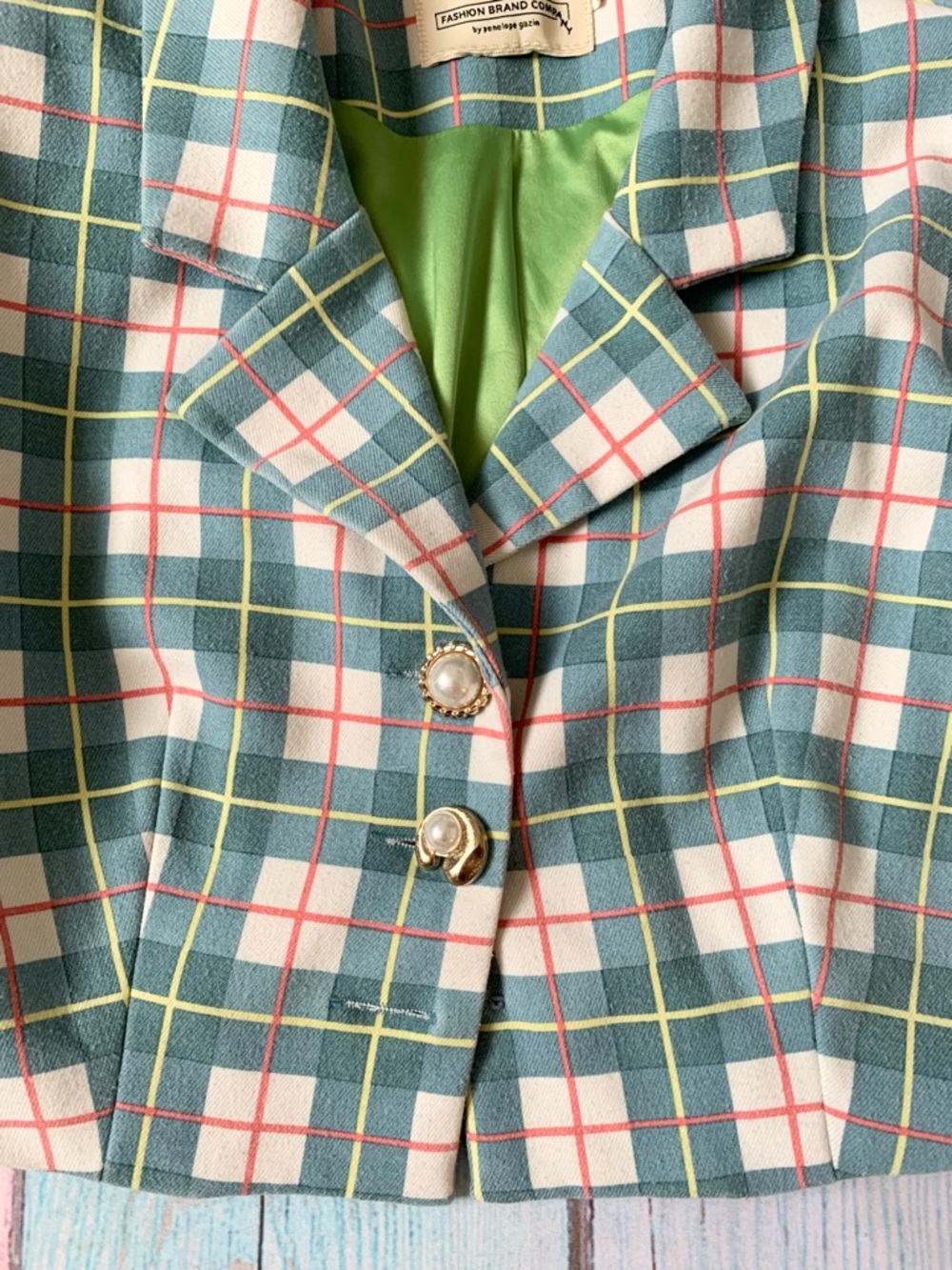 Fashion Brand Company Cropped Plaid Blazer and skirt set in Teal, White and Pink - Picture 4 of 13